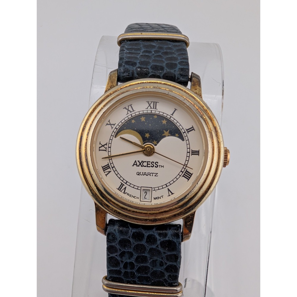 Vintage Axcess Women's Moon Phase Watch Blue Leather Band- New Battery